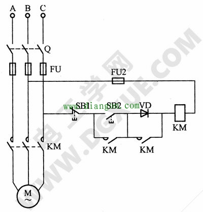交流接触器低电压起动电动机的电路接线图
